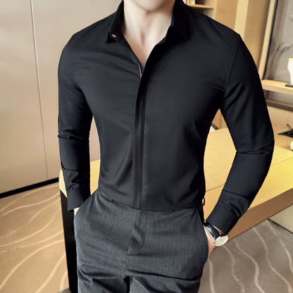 Camisa de Lapela Casual de Cor Lisa para Homem com Fecho de Correr