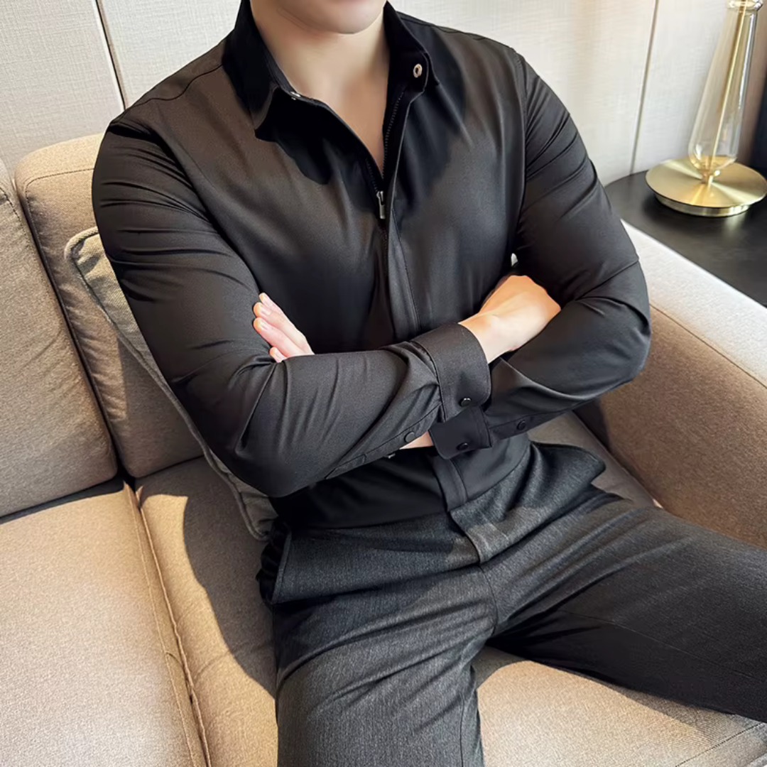 Camisa de Lapela Casual de Cor Lisa para Homem com Fecho de Correr